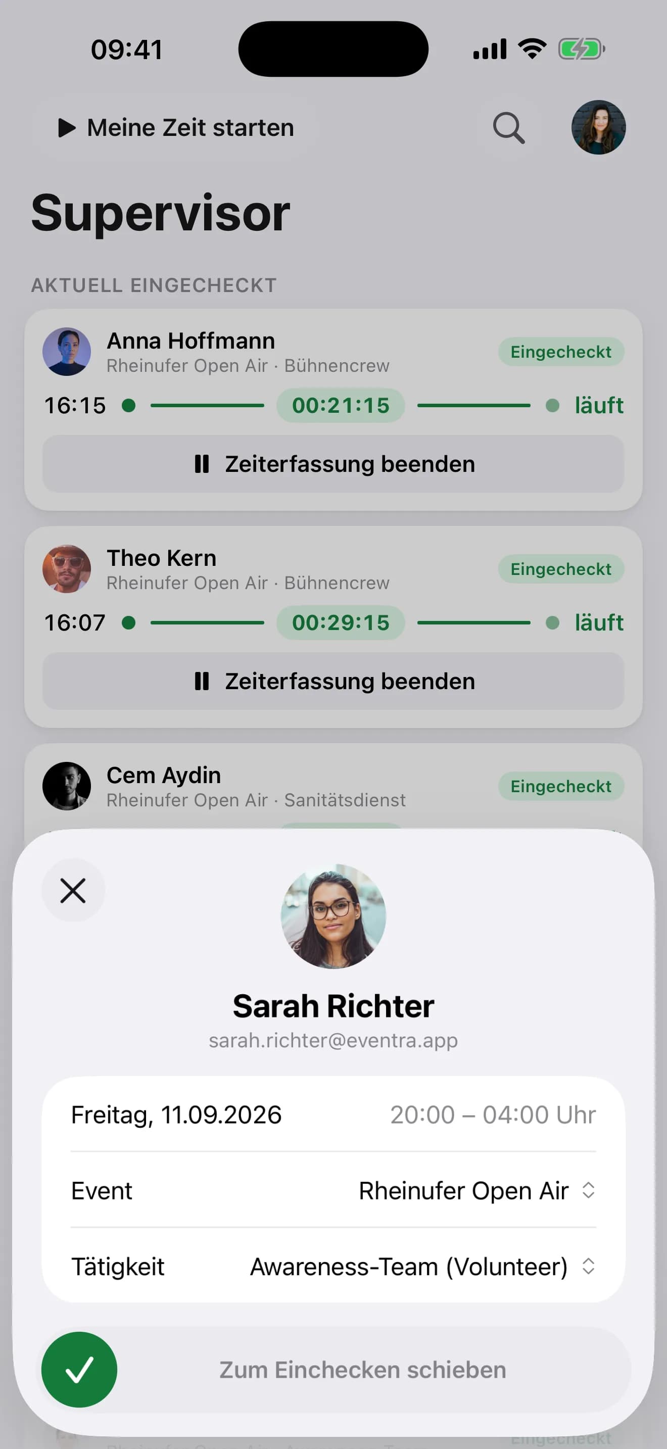 Check-in einer Schicht in der Crew-App