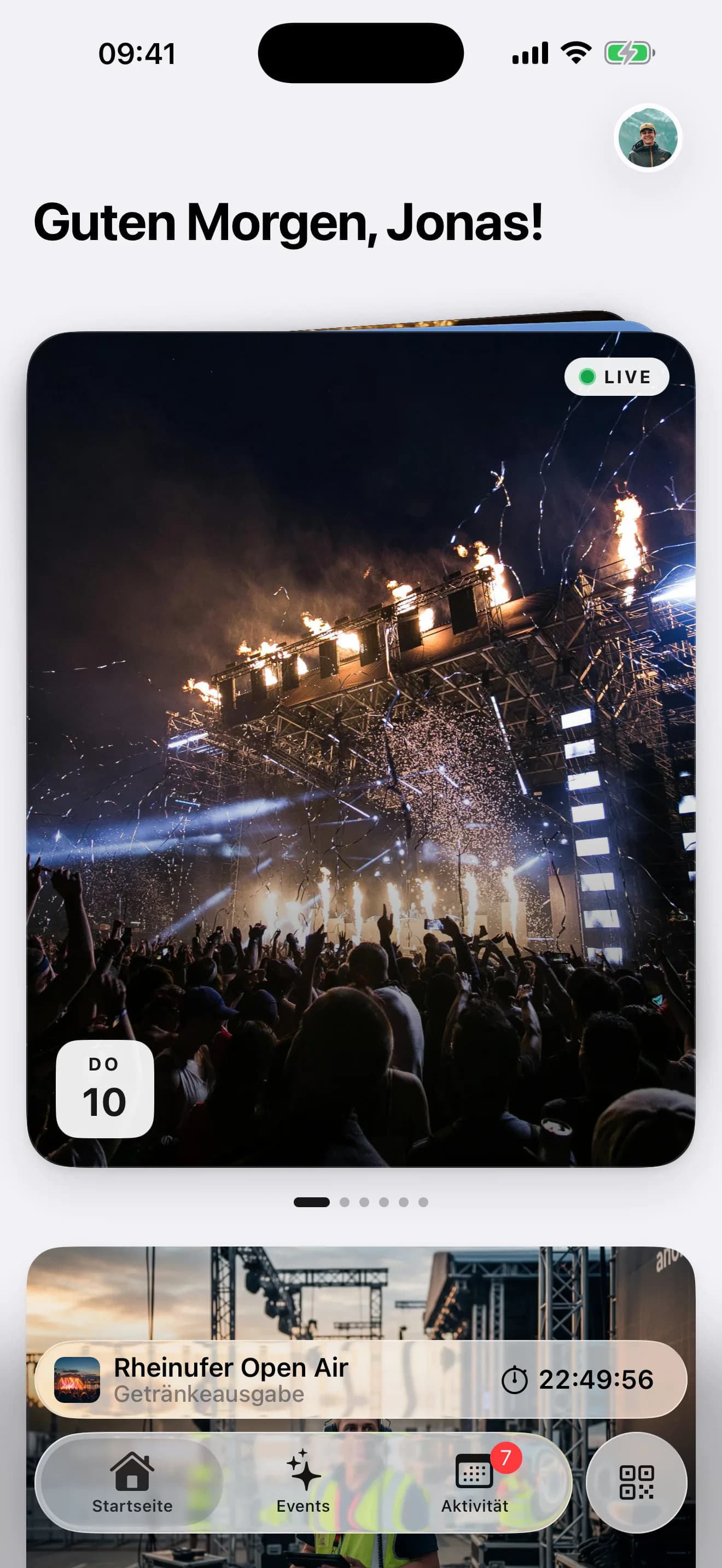 Startseite der EVENTRA Crew-App mit nächsten Schichten