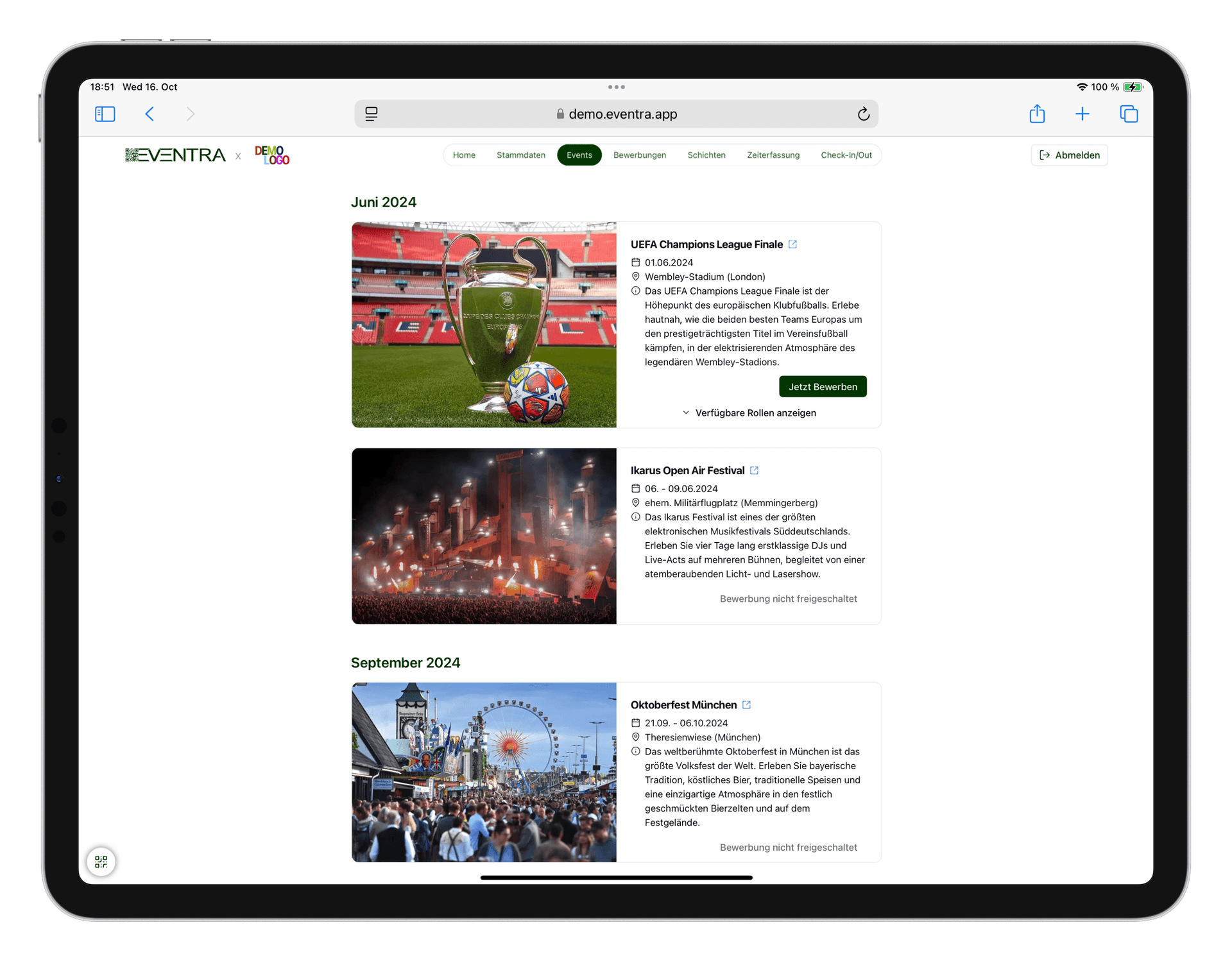 Eventausschreibungen Interface