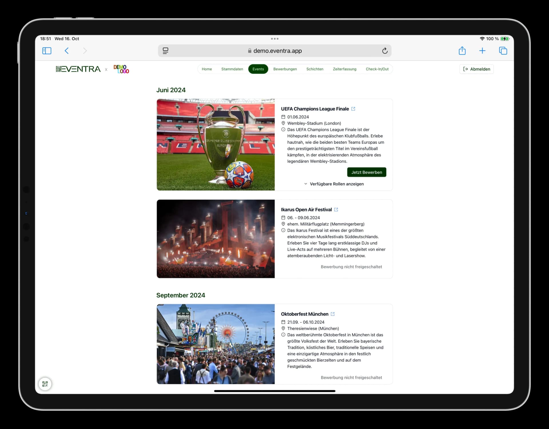 Eventausschreibungen Interface
