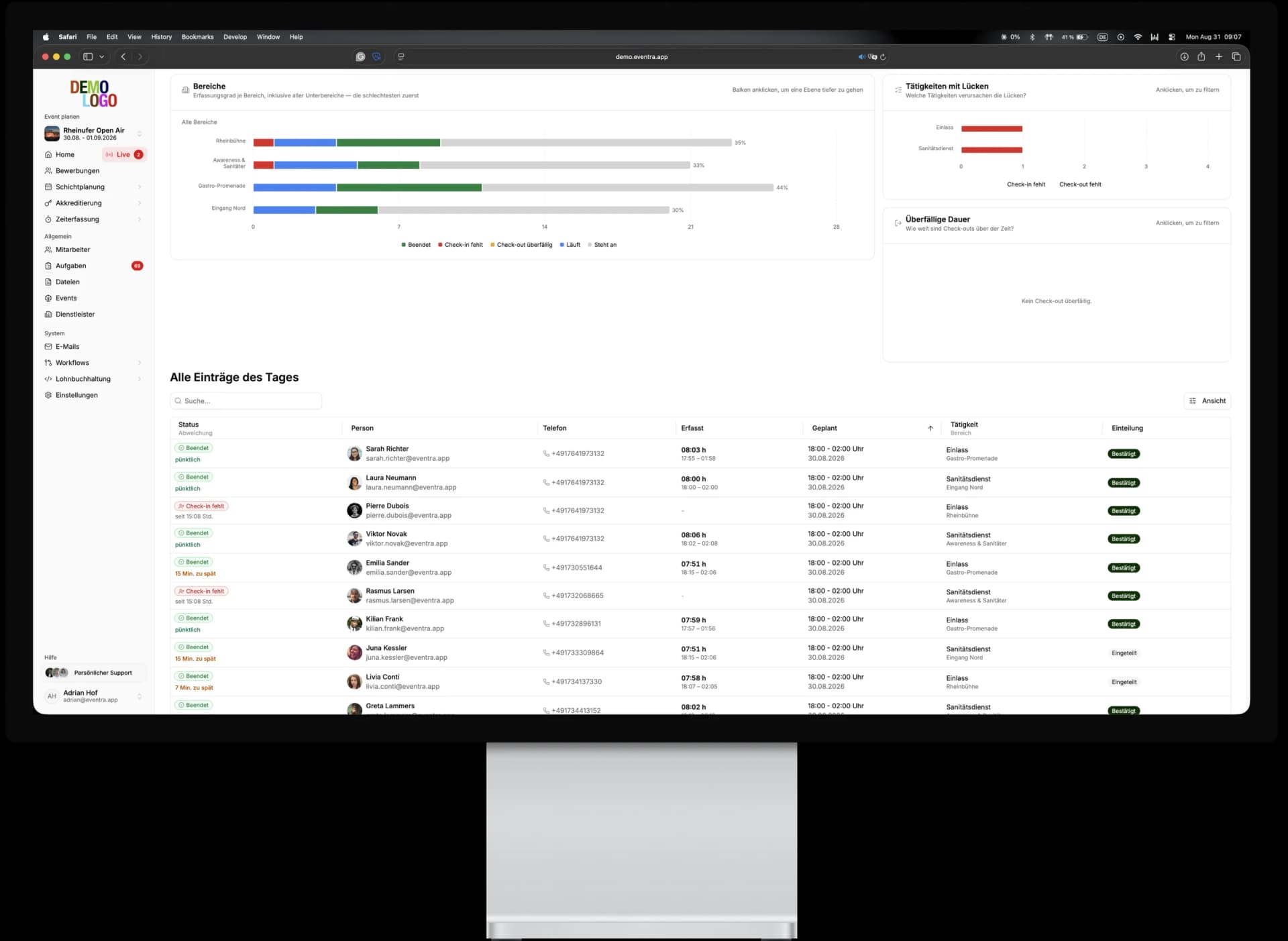 Live overview table with filter chips, status and times
