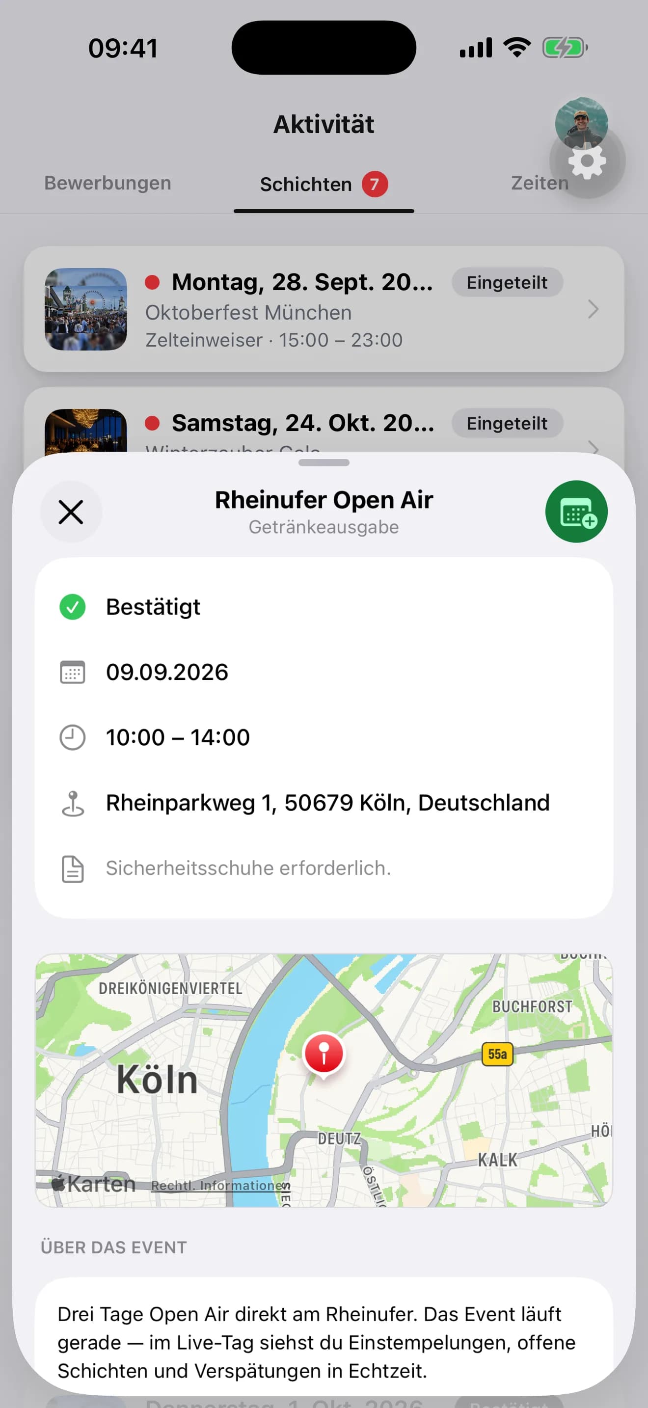 Schichtdetails mit Annehmen und Ablehnen in der Crew-App