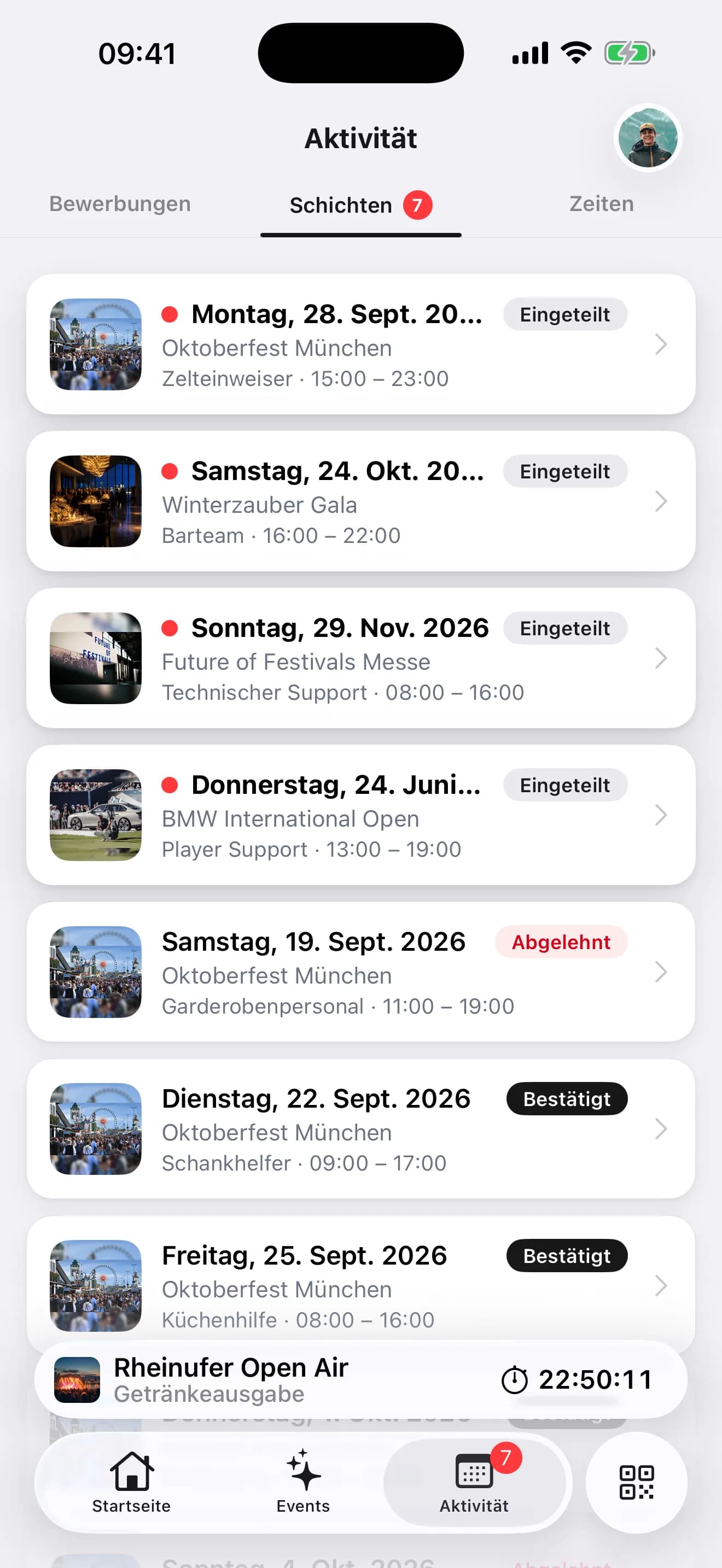 Schichtliste in der EVENTRA Crew-App