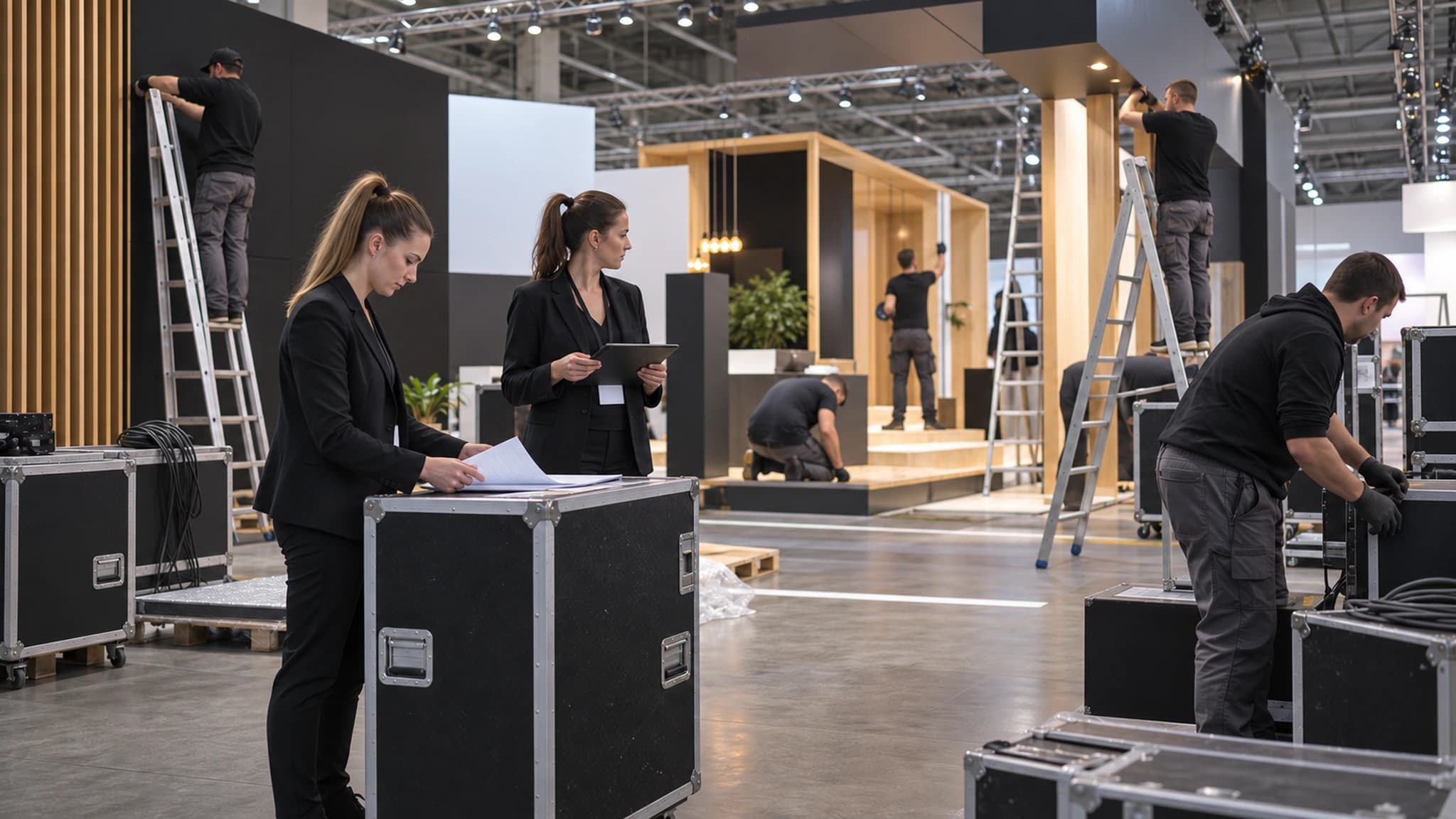 Hostessen und Standbauer richten frühmorgens vor Messebeginn einen Messestand ein