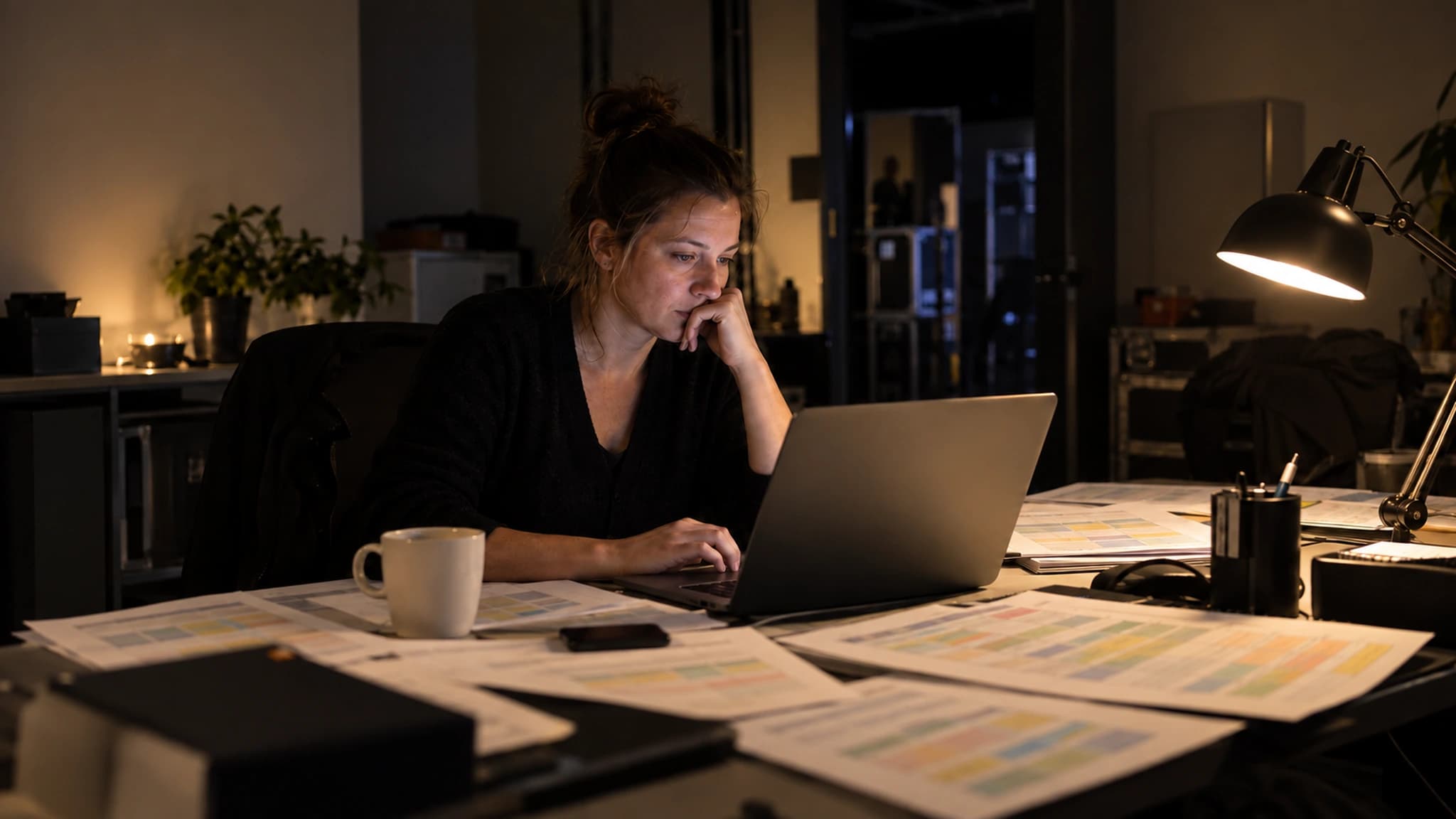 Manager spätabends im Produktionsbüro am Laptop mit ausgedruckten Schichtlisten