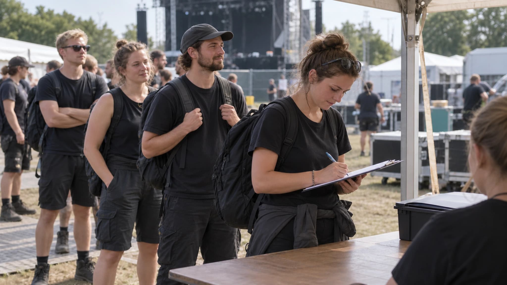 Crew-Mitglied füllt am Check-in-Zelt eine Erklärung auf einem Klemmbrett aus