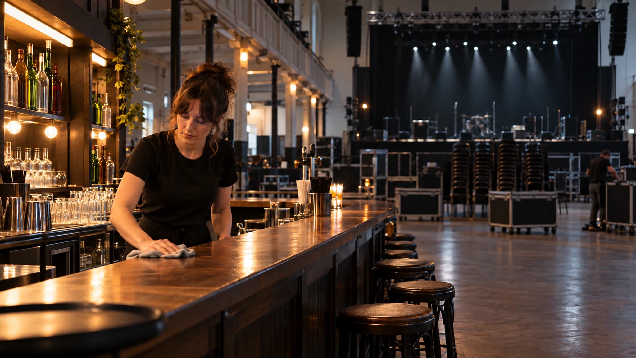 Barkraft wischt vor Einlass den Tresen einer leeren Konzerthalle