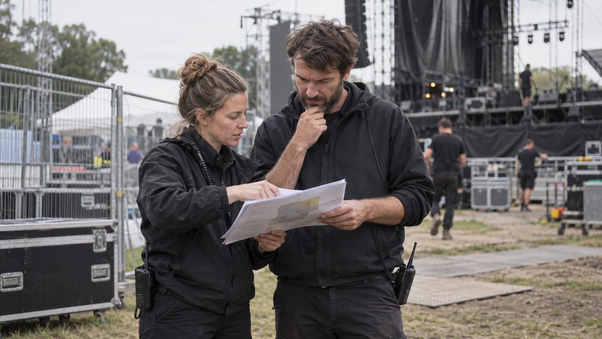 Zwei Teamleads vergleichen auf dem Festivalgelände ihre ausgedruckten Pläne
