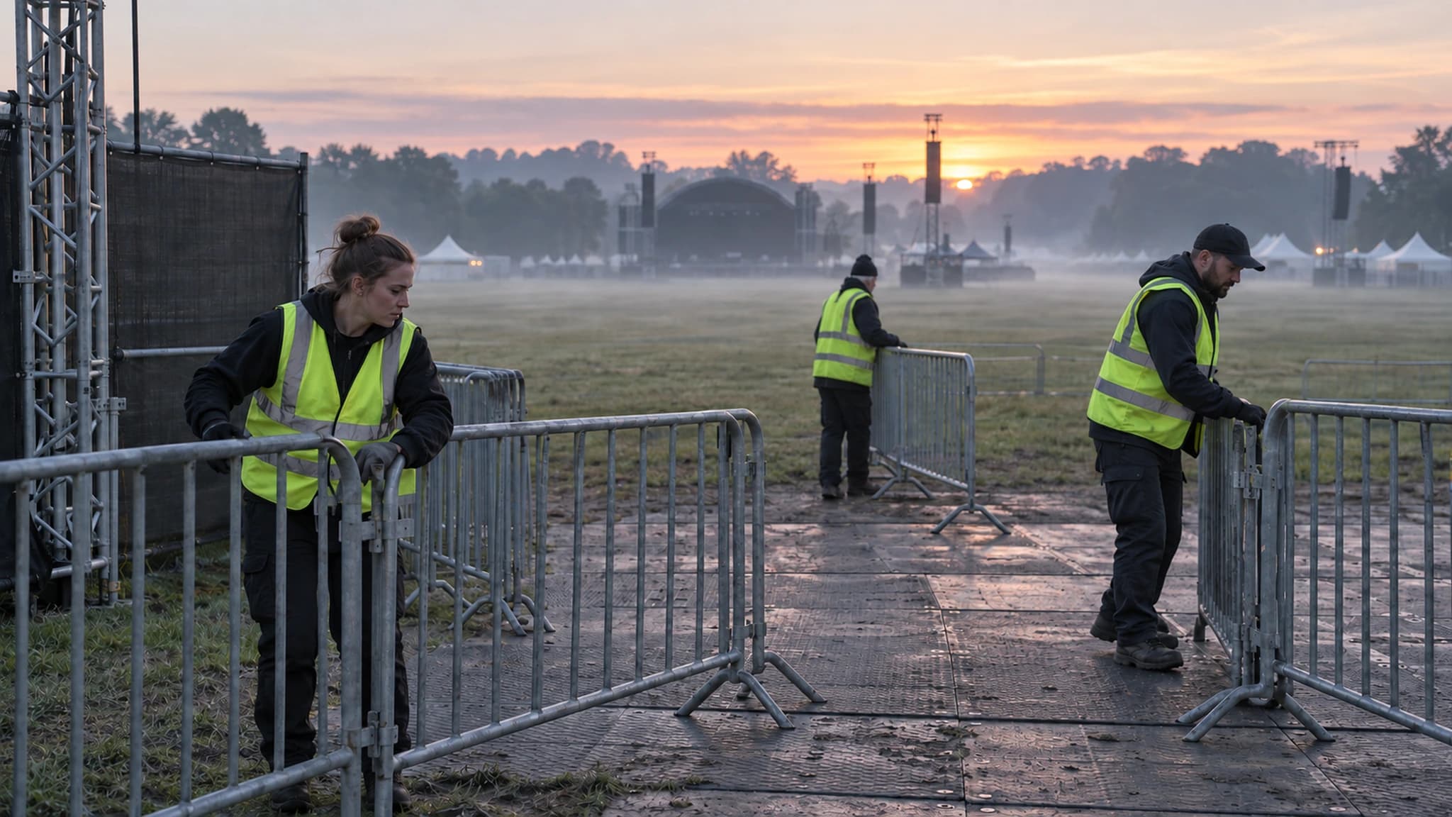Security-Kräfte in Warnwesten öffnen frühmorgens die Absperrungen am Festivaleinlass