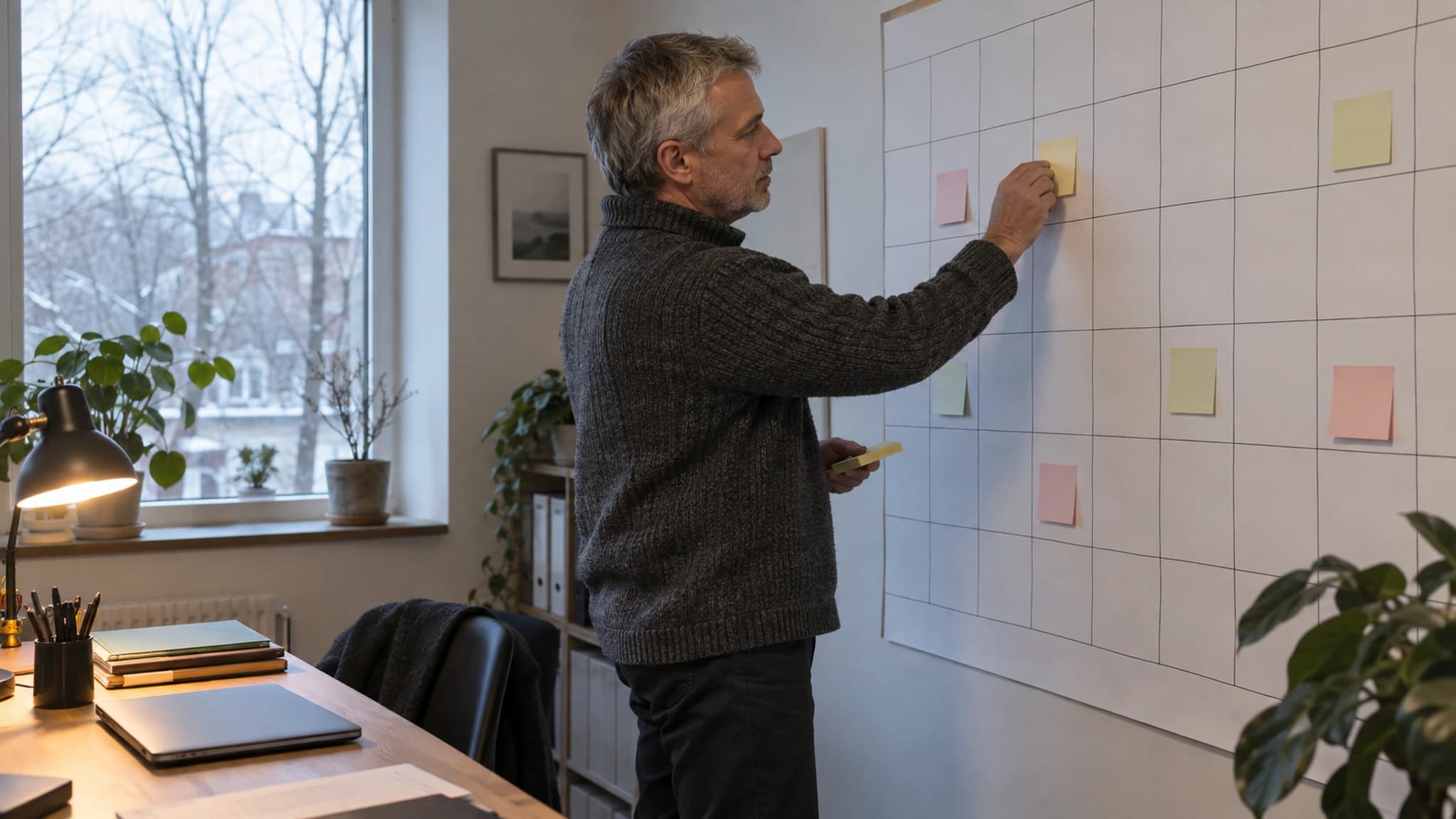 Veranstalterin plant im Winterbüro an einem Wandkalender mit Haftnotizen