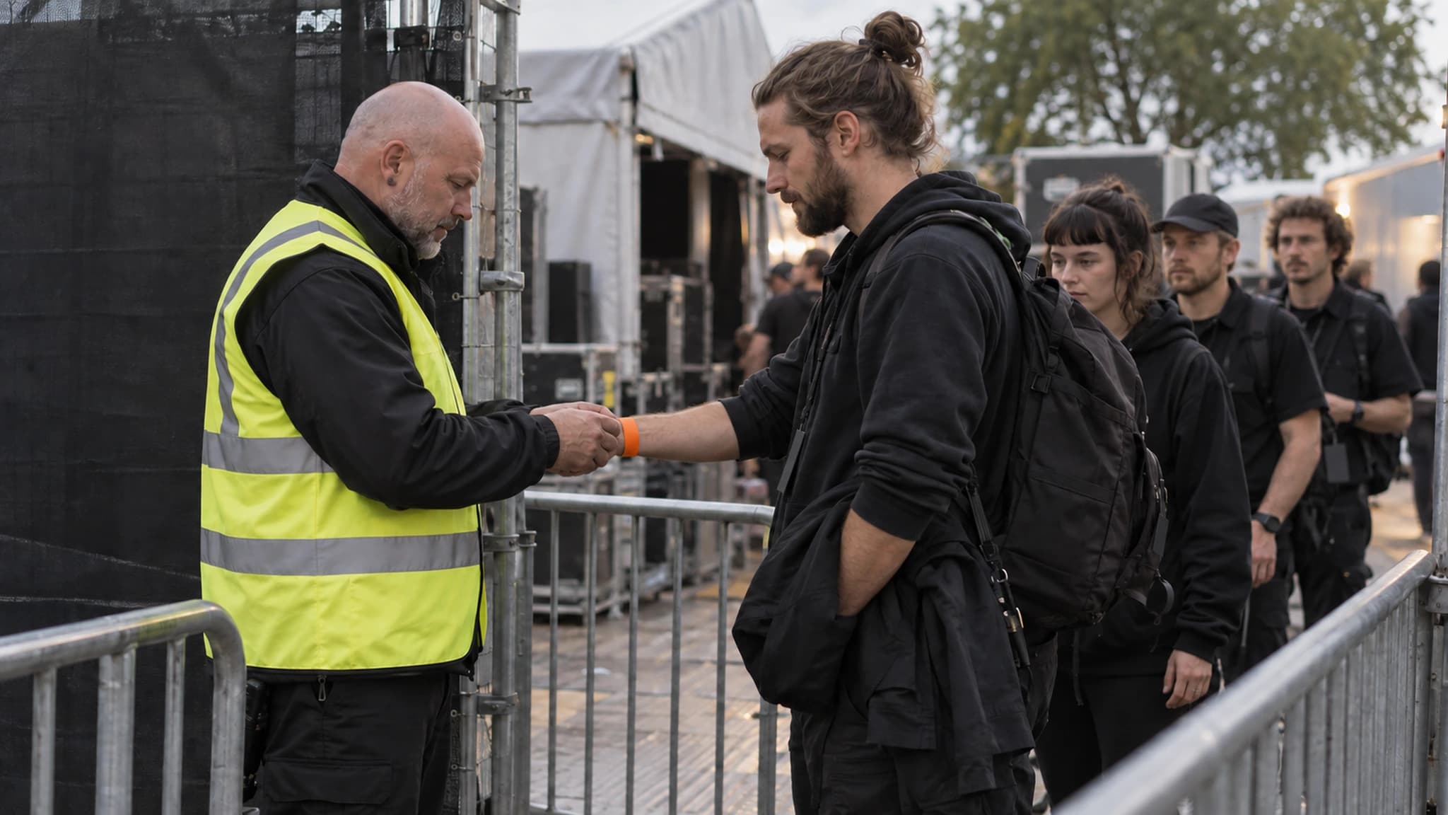 Security-Kraft prüft am Backstage-Tor das Bändchen eines Crew-Mitglieds