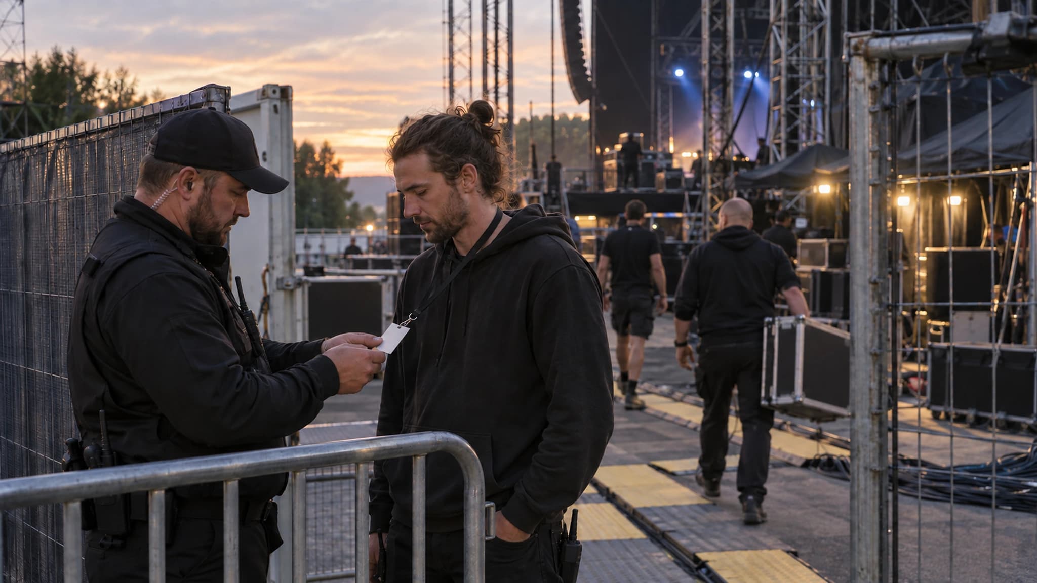 Security-Kraft kontrolliert am Backstage-Eingang einen Ausweis am Lanyard