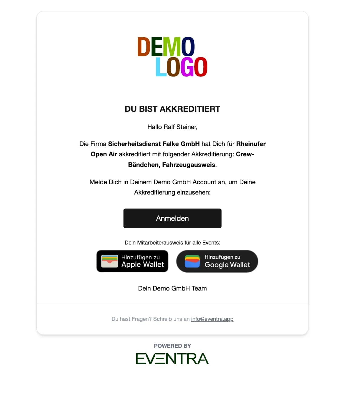 Akkreditierungs-E-Mail mit Apple- und Google-Wallet-Pass