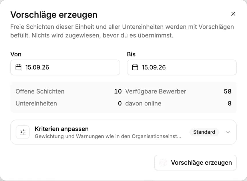 Der Dialog „Vorschläge erzeugen“ in EVENTRA: Zeitraum, offene Schichten, verfügbare Bewerber, Untereinheiten und der Klappbereich „Kriterien anpassen“