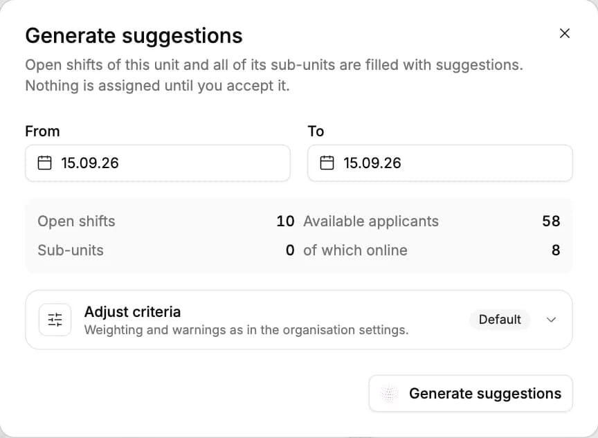 The “Generate suggestions” dialog in EVENTRA: date range, open shifts, available applicants, sub-units and the collapsible “Adjust criteria” section