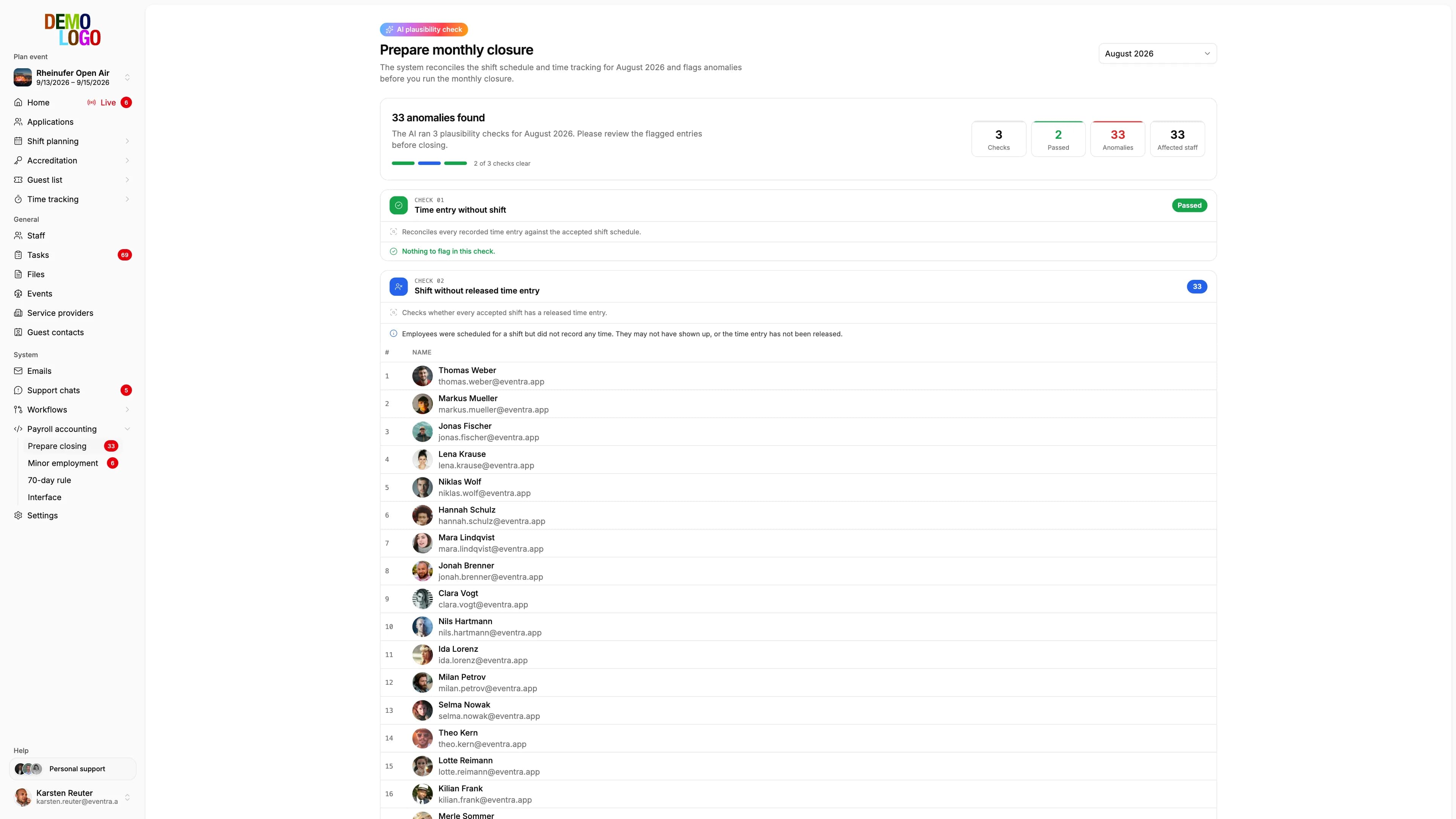AI plausibility check of time entries: findings per entry before approval