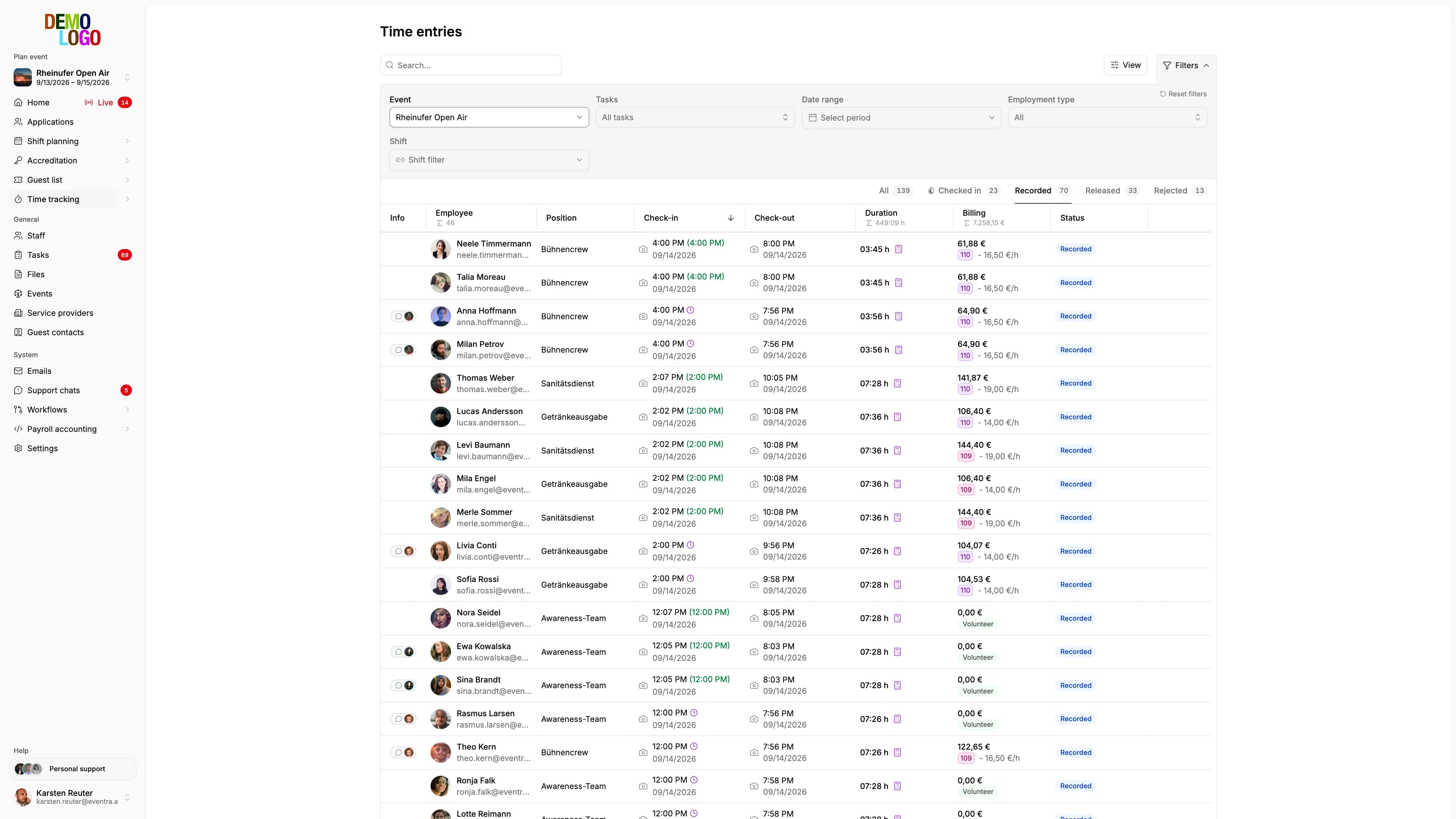 Time entries in EVENTRA: check-in and check-out per person with duration and payroll status