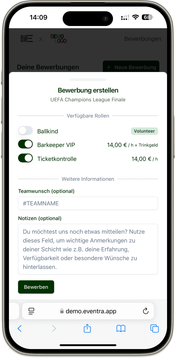 Mobile Bewerbung Interface