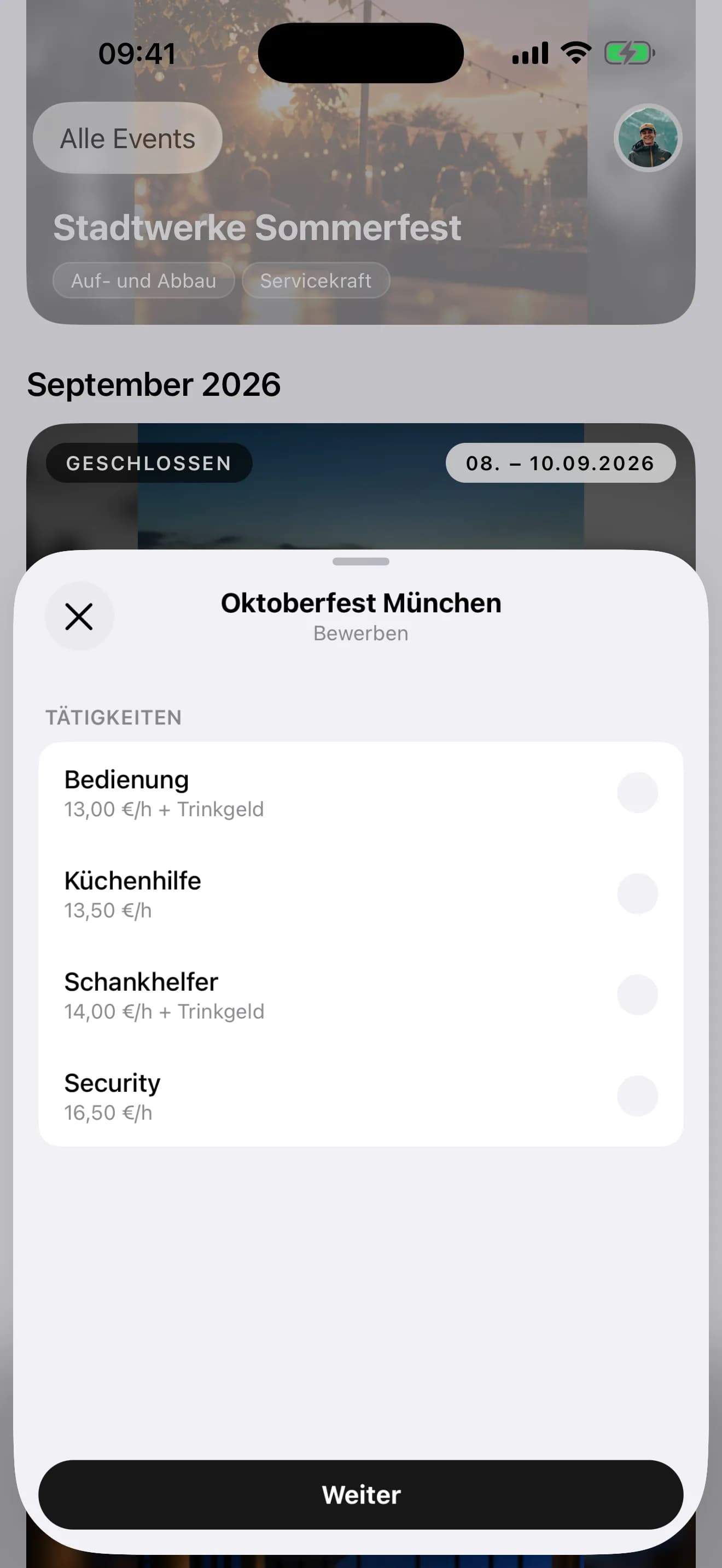 Bewerbung in der EVENTRA Crew-App