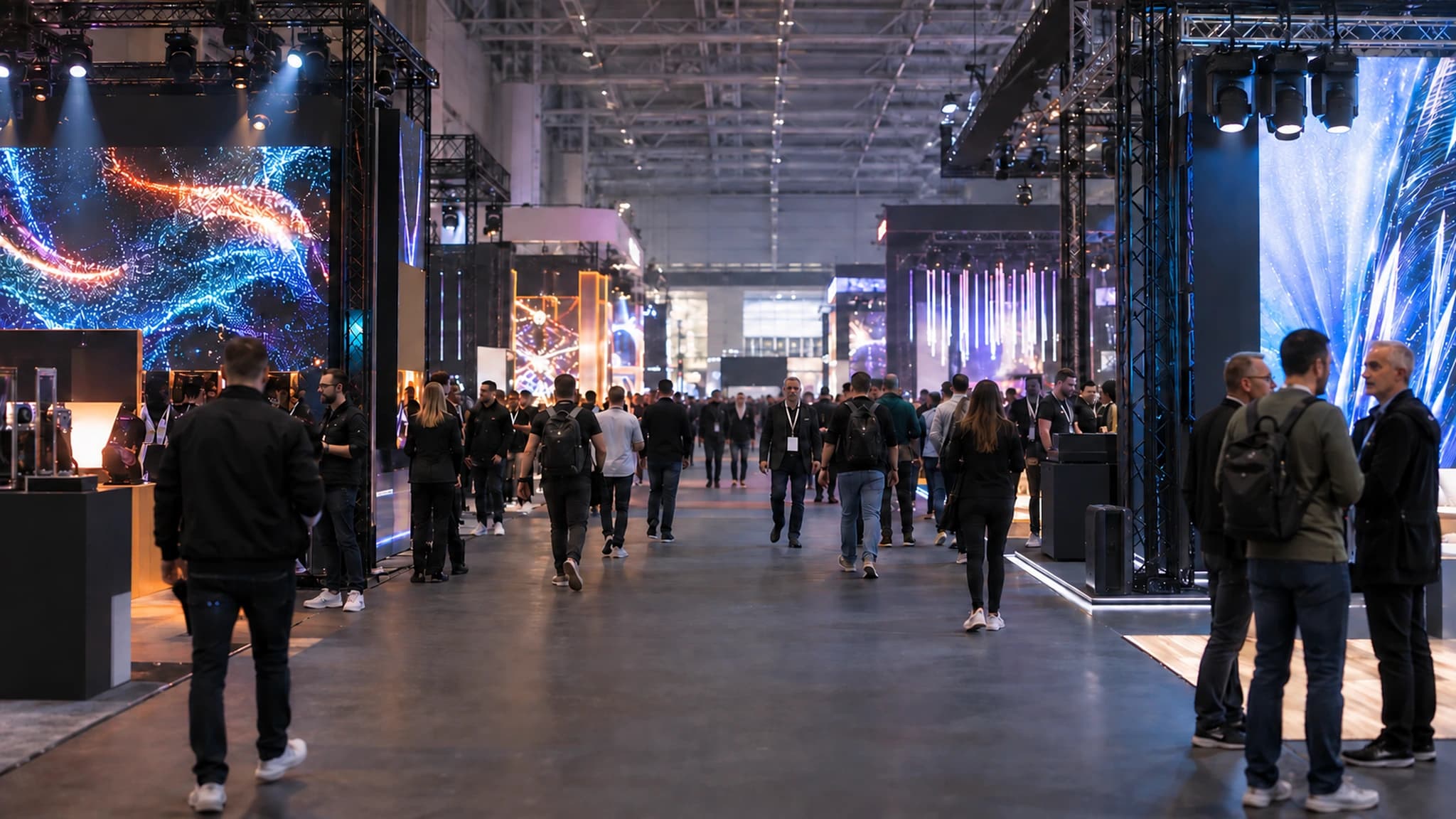 Breiter Gang einer Messehalle für Veranstaltungstechnik mit Lichttraversen und LED-Wänden