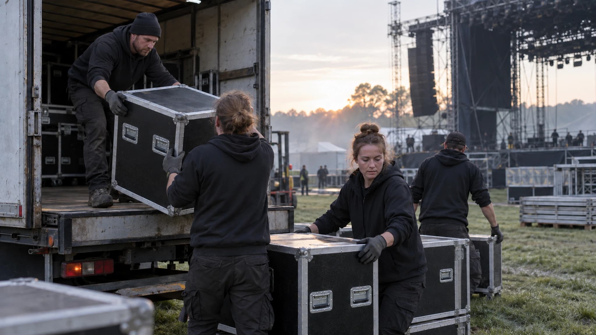 Stagehands entladen morgens Flightcases von einem Lkw auf dem Festivalgelände