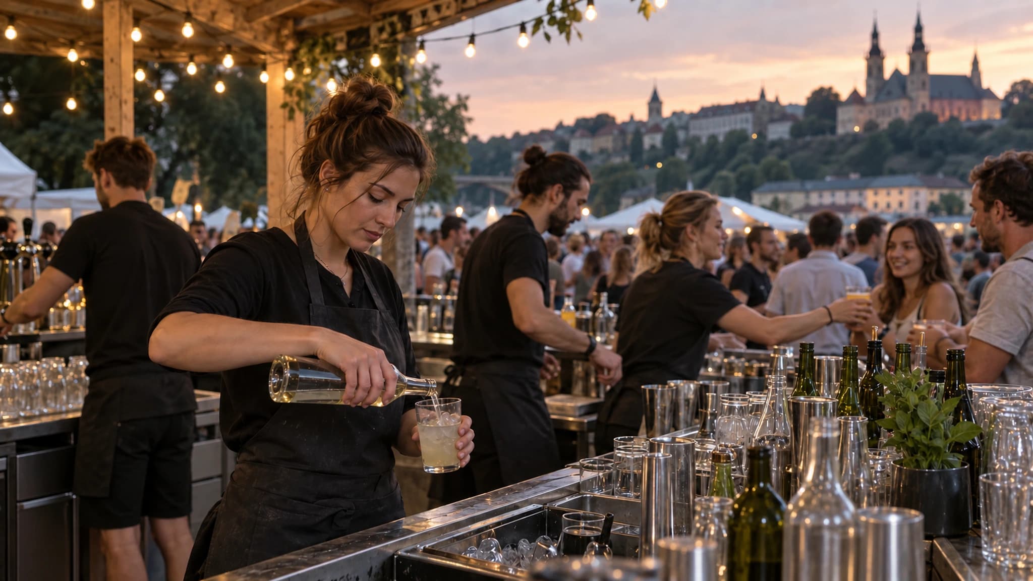 Bar-Crew hinter einer belebten Festivalbar in der Abenddämmerung