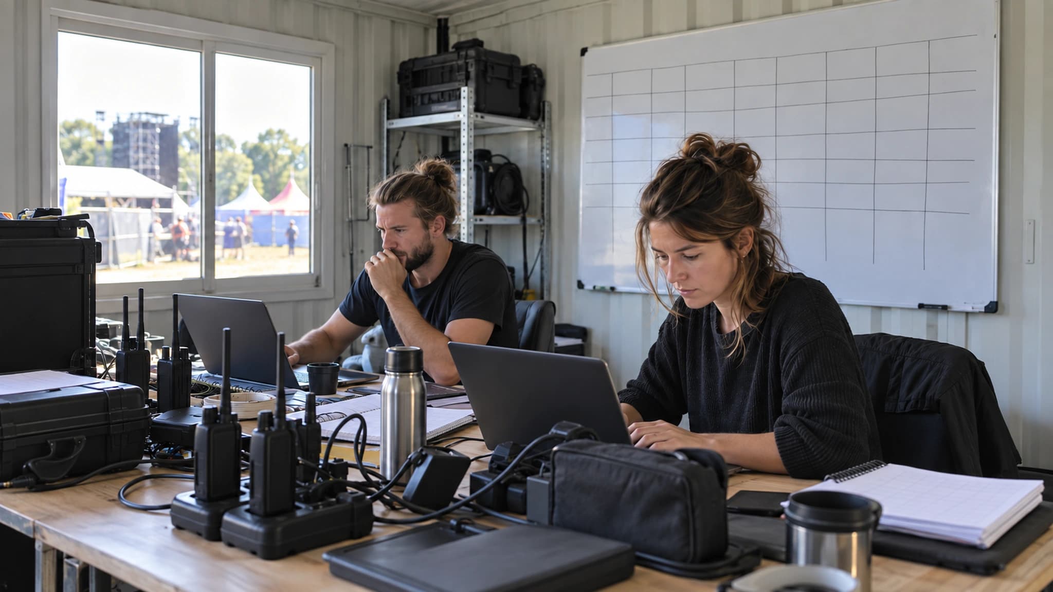 Produktionsbüro im Container mit Whiteboard-Raster, Laptops und Funkgeräten