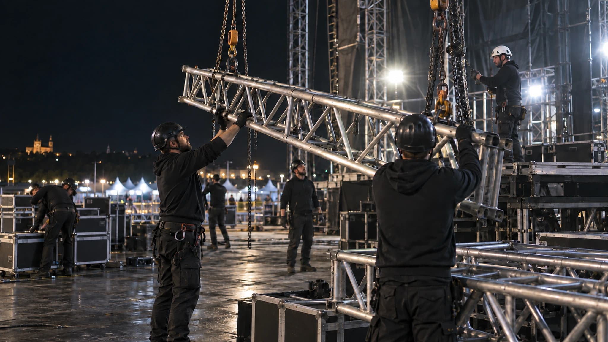 Bühnencrew baut nachts unter Arbeitslicht eine Festivalbühne ab
