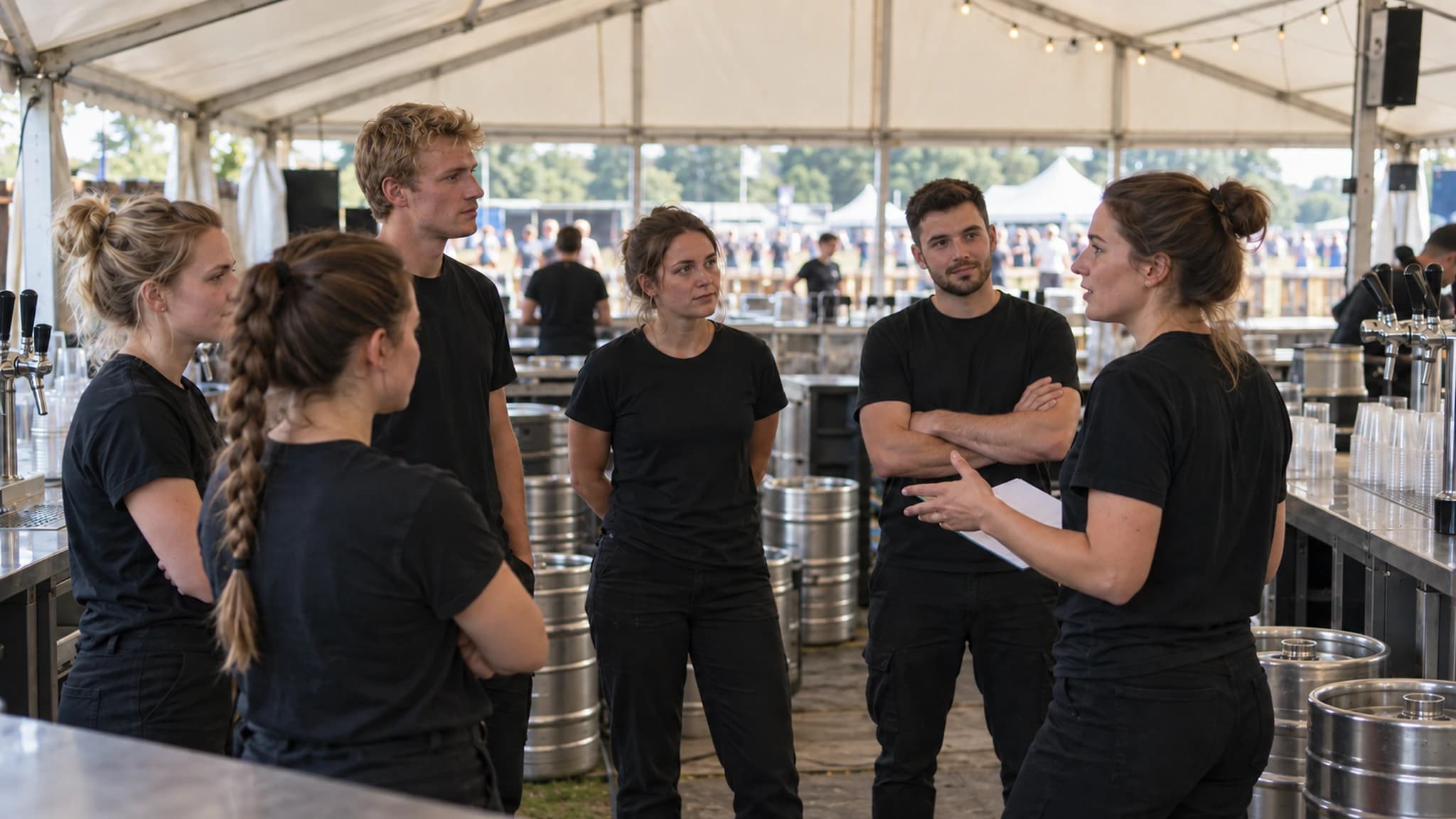 Bar-Crew in einheitlichen Shirts versammelt sich vor der Öffnung zum Briefing