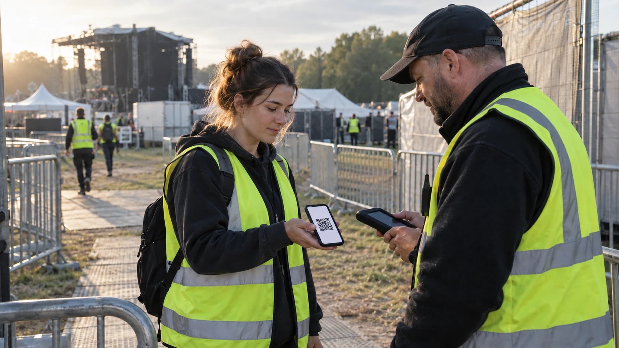 Supervisor scannt am Festivaleinlass den QR-Code auf dem Handy eines Crew-Mitglieds