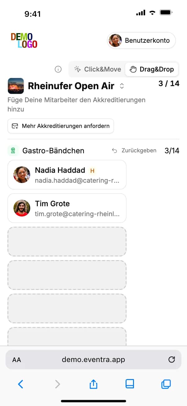 Supervisor-Portal der Akkreditierung auf dem Smartphone: Firma, Kontingent und Personen