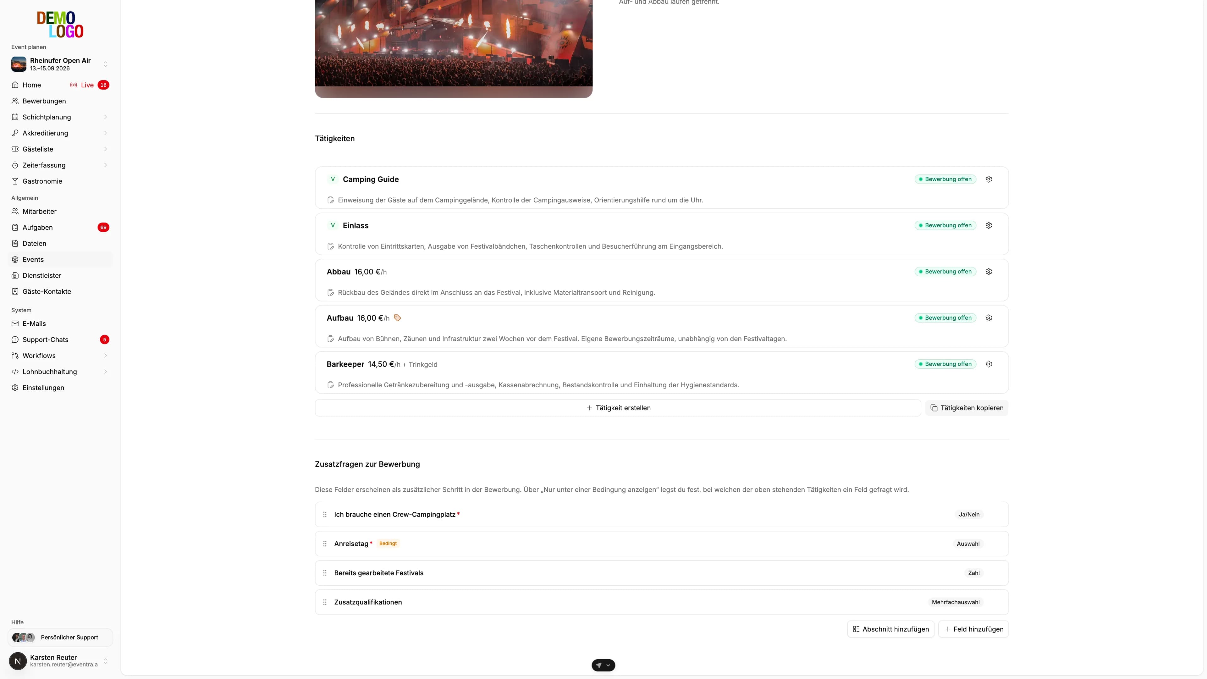 Bewerbungsformular eines Events in EVENTRA mit Tätigkeiten und Zusatzfragen